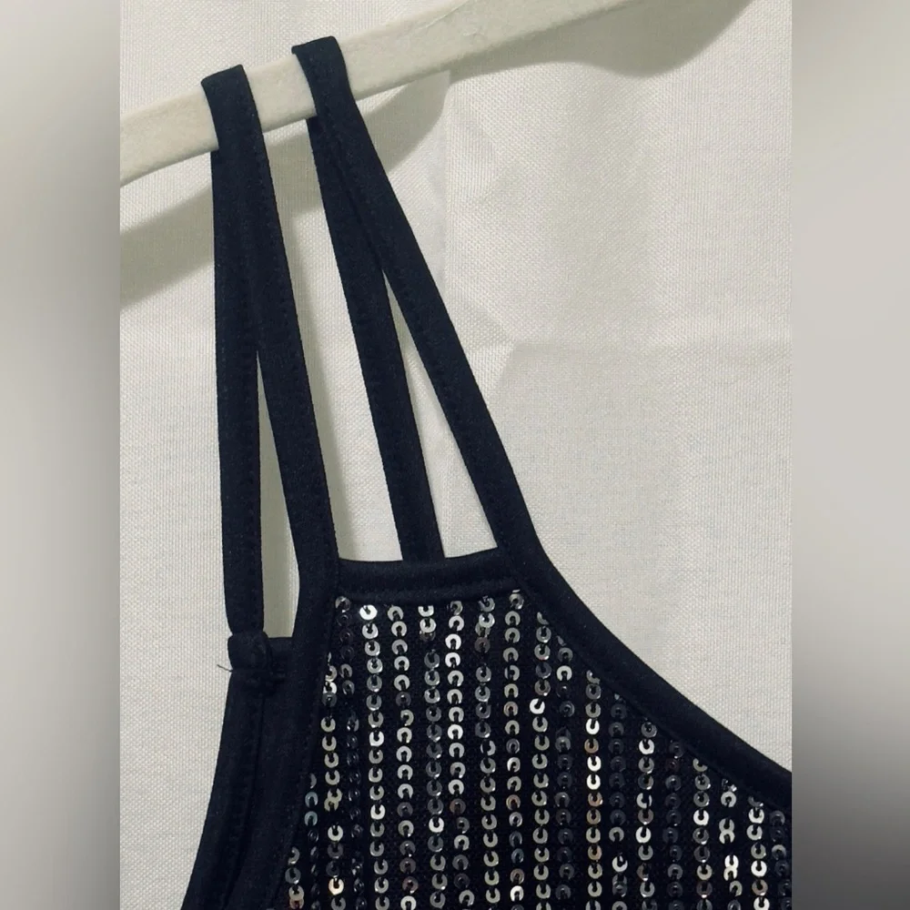 Festive Reversible Sequin Embellished Black Double Strap Tank Top. Small NWOT - Picture 2 of 5
